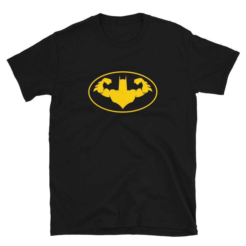 Batman inspired fitness themed black t-shirt showing a yellow silhouette of the hero doing a front double bicep pose inside a yellow outlined oval.