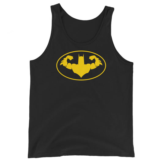 Batman inspired fitness themed black tank top showing a yellow silhouette of the hero doing a front double bicep pose inside a yellow outlined oval.