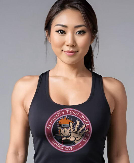 Attractive, athletic Asian woman wearing a black gym tank top featuring the character Gains, inspired by Pain from Naruto, doing the Almighty Push gesture with his palm toward the viewer, with a text circling him that reads "Almighty Push-Pull-Legs - Gains Gym"