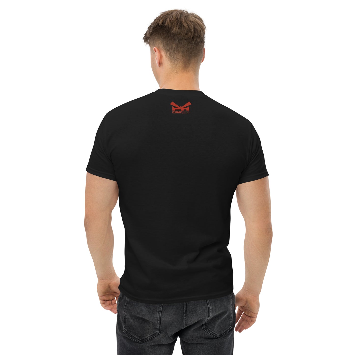 Back view of an athletic man wearing a black t-shirt with the Pumpous Apparel logo in red under the neckline
