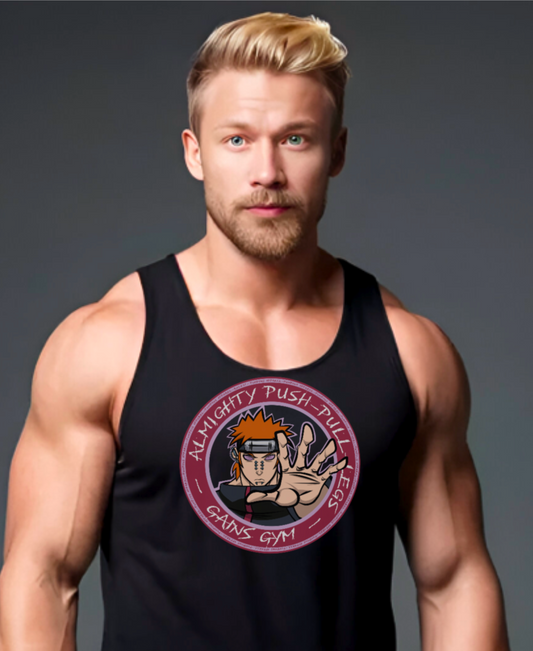 Muscular man wearing a black gym tank top featuring the character Gains, inspired by Pain from Naruto, doing the Almighty Push gesture with his palm toward the viewer, with a text circling him that reads "Almighty Push-Pull-Legs - Gains Gym".