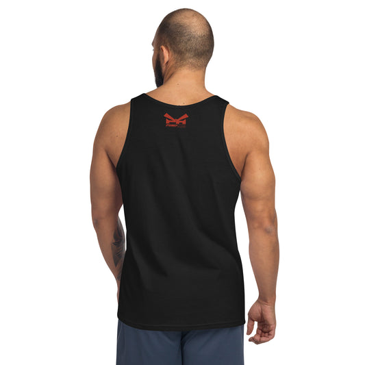 Back view of an athletic man wearing a black tank top with the Pumpous Apparel logo in red under the neckline