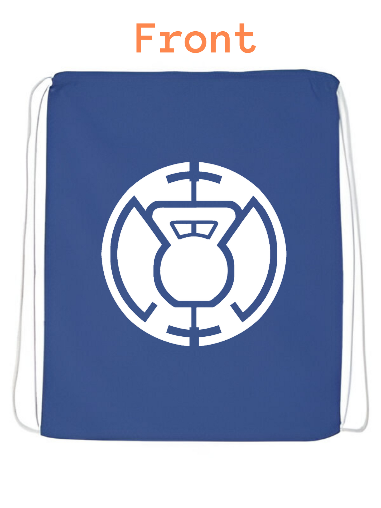 Front view of the Blue Kettlebell  blue string bag by Pumpous Apparel, showing a design in white inspired by DC Comics' Blue Lantern Corps logo featuring a kettlebell at the center.
