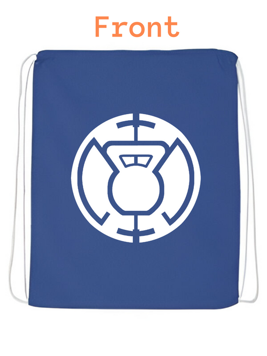 Front view of the Blue Kettlebell  blue string bag by Pumpous Apparel, showing a design in white inspired by DC Comics' Blue Lantern Corps logo featuring a kettlebell at the center.
