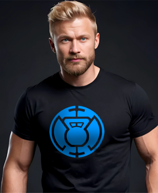 Front view of a muscular man in the Blue Kettlebell black t-shirt by Pumpous Apparel, showing a design in blue inspired by DC Comics' Blue Lantern Corps logo featuring a kettlebell at the center.