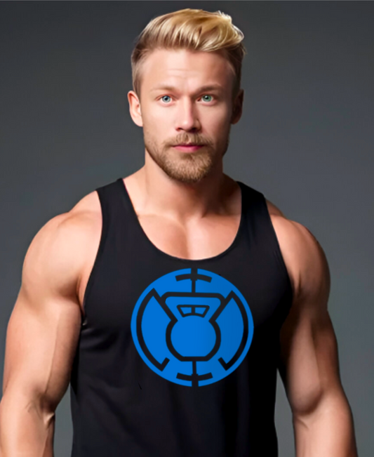 Front view of a muscular man in the Blue Kettlebell black tank top by Pumpous Apparel, showing a design in blue inspired by DC Comics' Blue Lantern Corps logo featuring a kettlebell at the center.