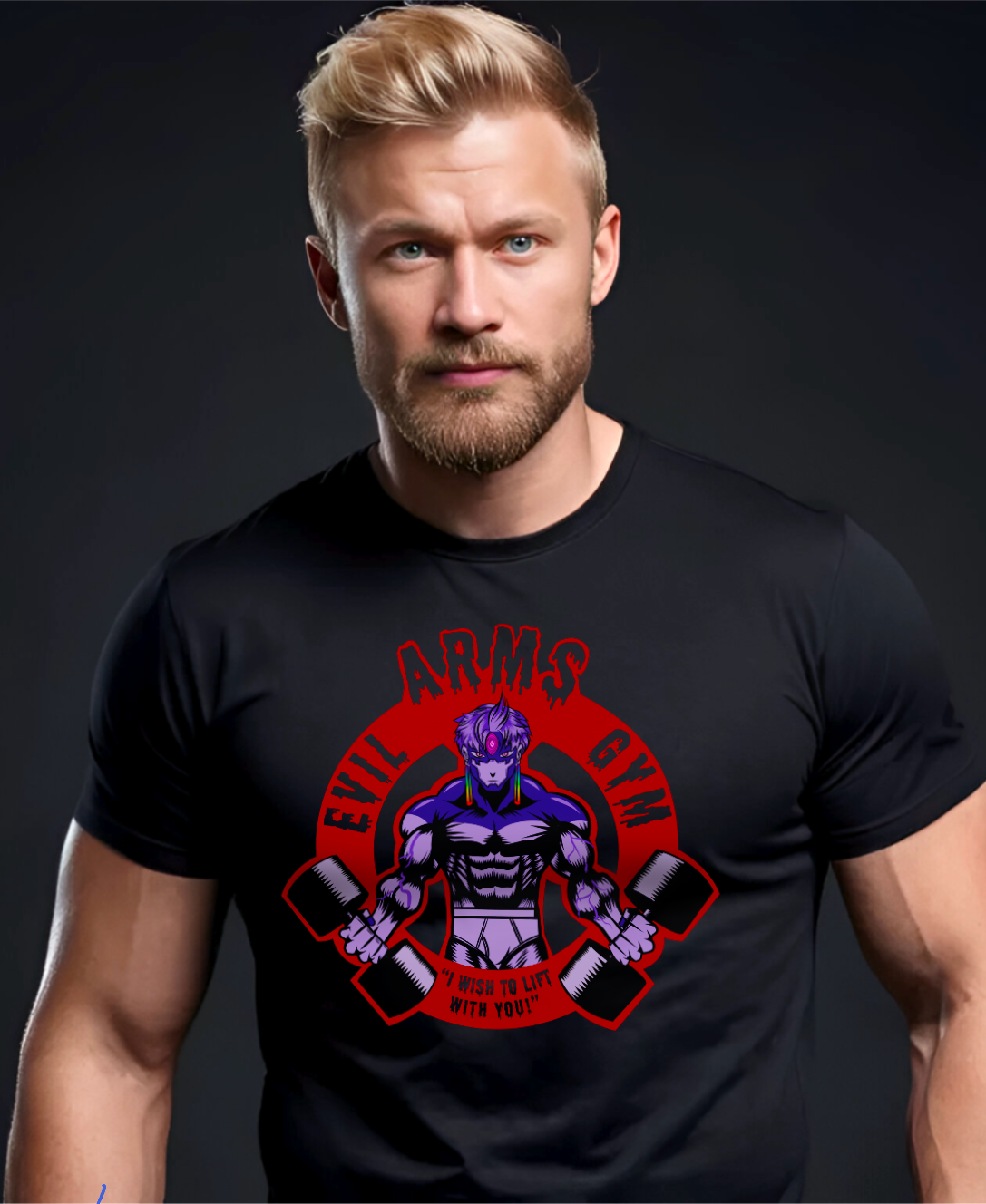 Man wearing a black t-shirt with 'Evil Arms Gym' graphic design on a dark background