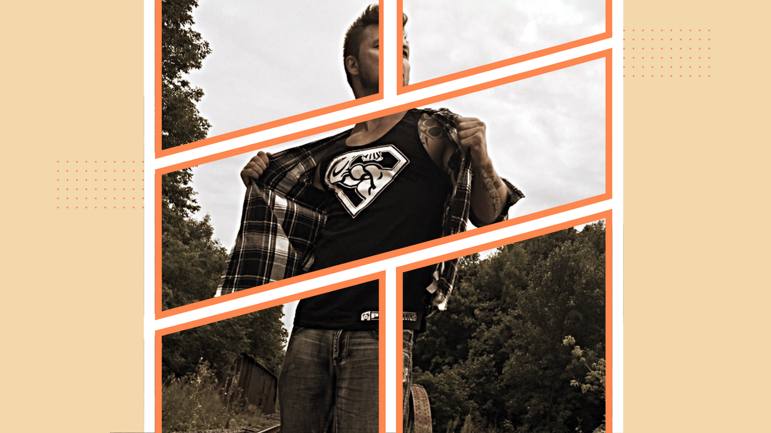 Comic book style panels showing a man outdoors opening a plaid shirt to reveal a black tank top with a white design. The design is Guns of Steel by Pumpous Apparel, a parody of Superman's iconic logo depicting a flexing bicep in the traditional diamond shape.