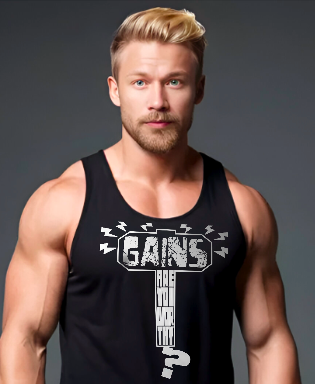 Muscular man wearing Thor inspired fitness themed tank top which reads: "Gains: Are You Worthy?" inside the silhouette of Mjolnir.