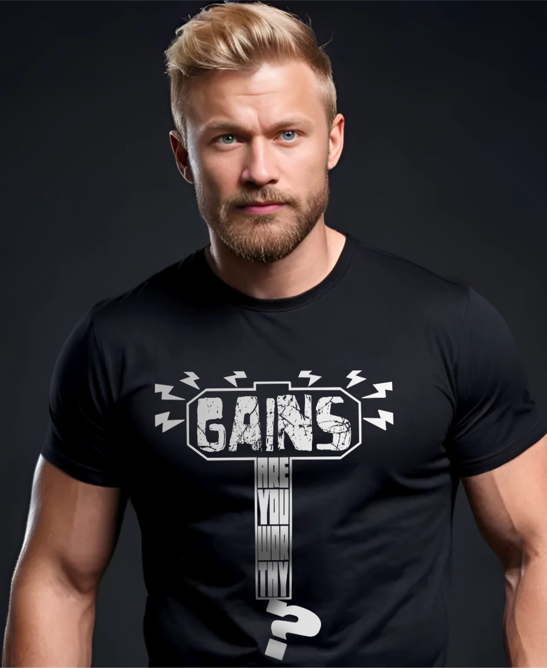 Athletic man wearing Thor inspired fitness themed t-shirt which reads: "Gains: Are You Worthy?" inside the silhouette of Mjolnir.