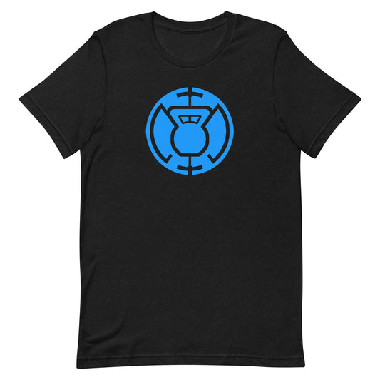 Front view of a  black t-shirt by Pumpous Apparel, showing a design in blue inspired by DC Comics' Blue Lantern Corps logo featuring a kettlebell at the center.