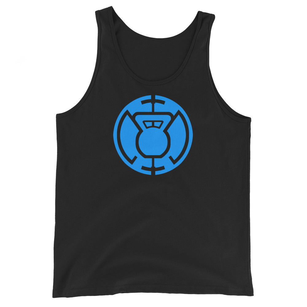 Front view of a Blue Kettlebell black tank top by Pumpous Apparel, showing a design in blue inspired by DC Comics' Blue Lantern Corps logo featuring a kettlebell at the center.