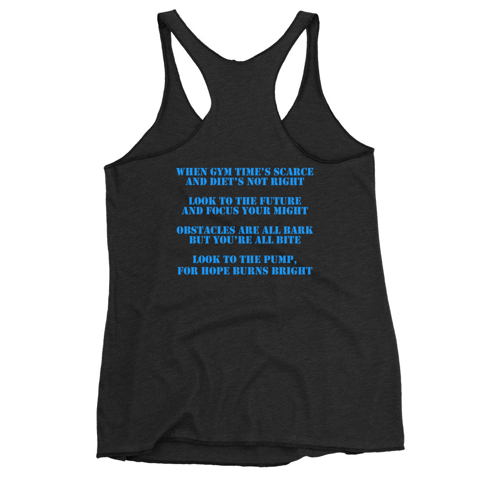 Back view of the Blue Kettlebell tank top for women in black by Pumpous Apparel, with text in blue inspired by DC Comics' Blue Lantern Corps oath but with a fitness twist. The text reads: 
When gym time's scarce and dient's not right
Look to the future and focus your might
Obstacles are all bark but you're all bite
Look to the pump, for hope burns bright