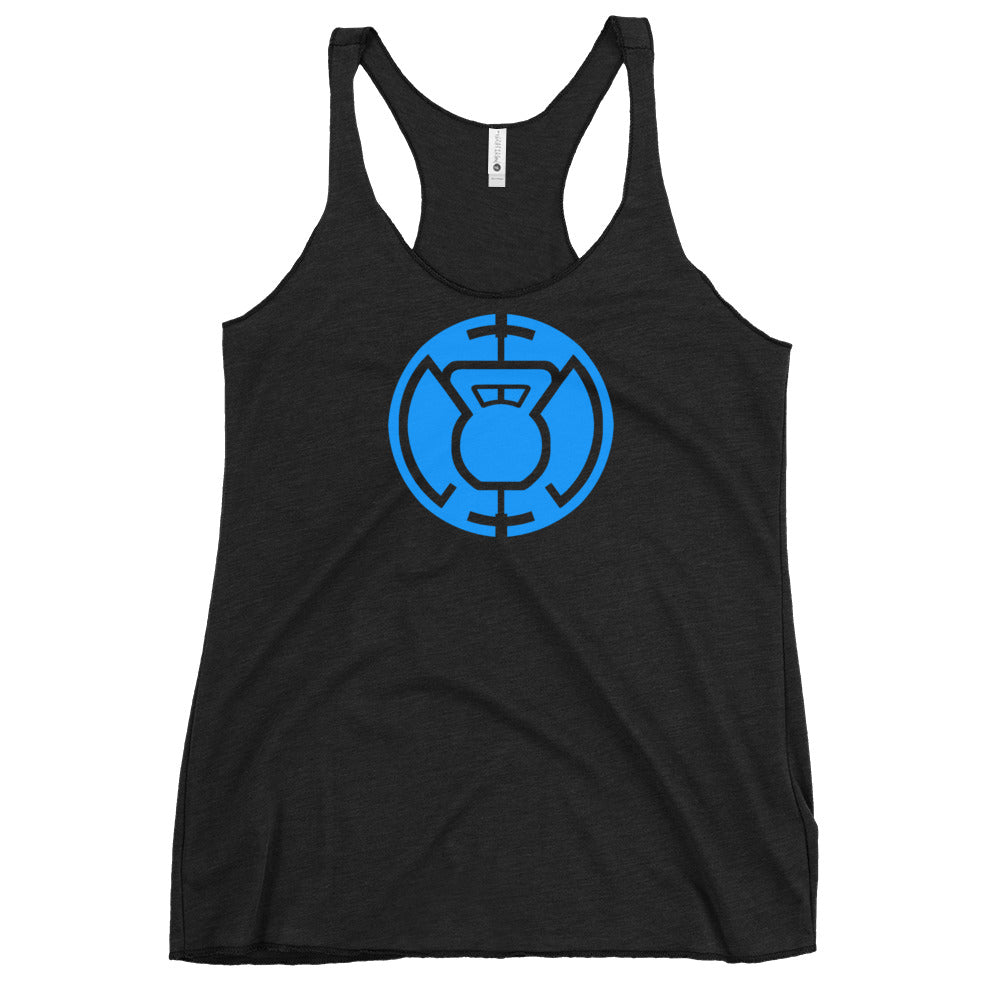 Front view of the Blue Kettlebell black tank top by Pumpous Apparel, showing a design in blue inspired by DC Comics' Blue Lantern Corps logo featuring a kettlebell at the center.