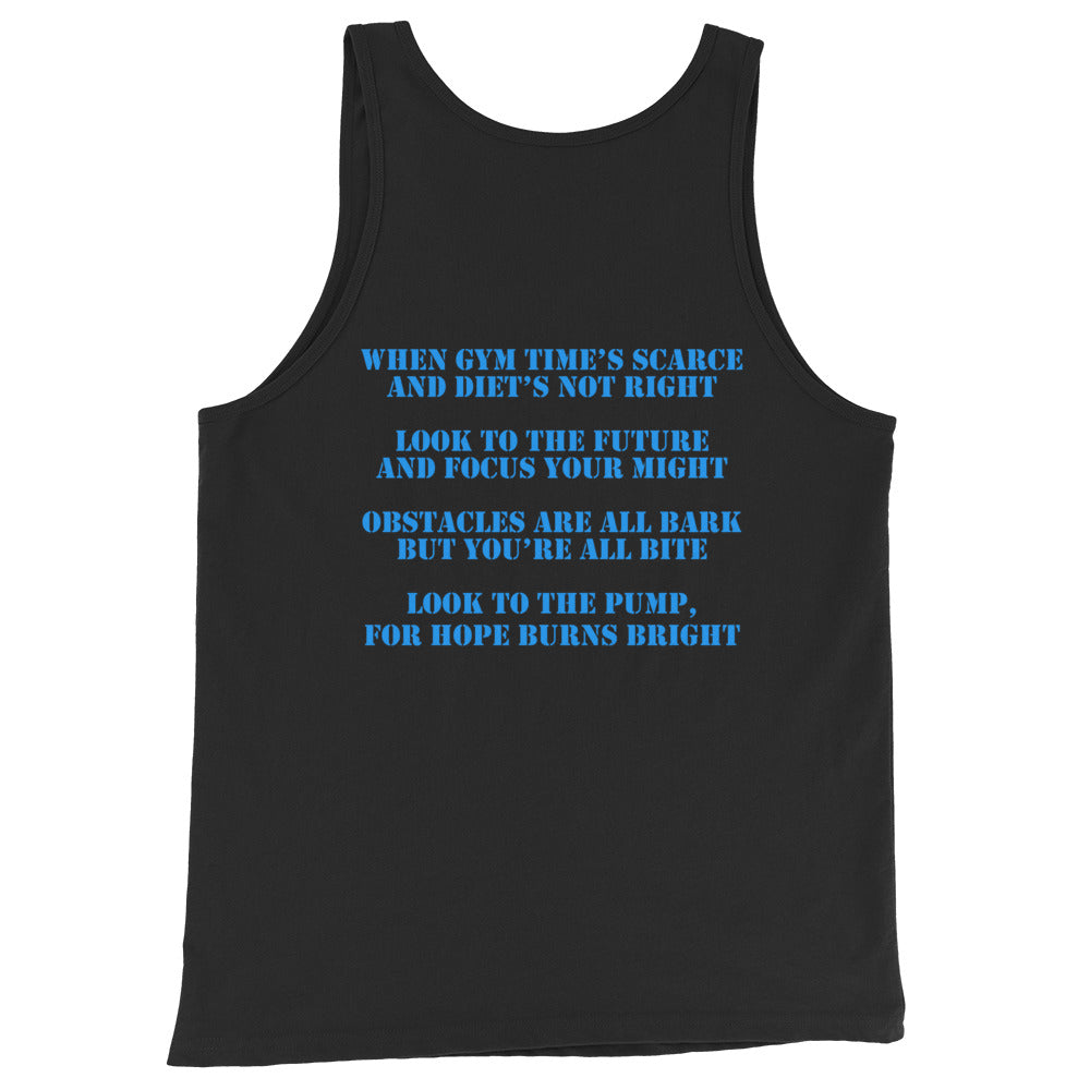 Back view of the Blue Kettlebell tank top for men in black by Pumpous Apparel, with text in blue inspired by DC Comics' Blue Lantern Corps oath but with a fitness twist. The text reads: 
When gym time's scarce and dient's not right
Look to the future and focus your might
Obstacles are all bark but you're all bite
Look to the pump, for hope burns bright