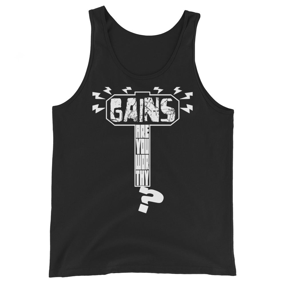 Thor inspired fitness themed tank top which reads: "Gains: Are You Worthy?" inside the silhouette of Mjolnir.