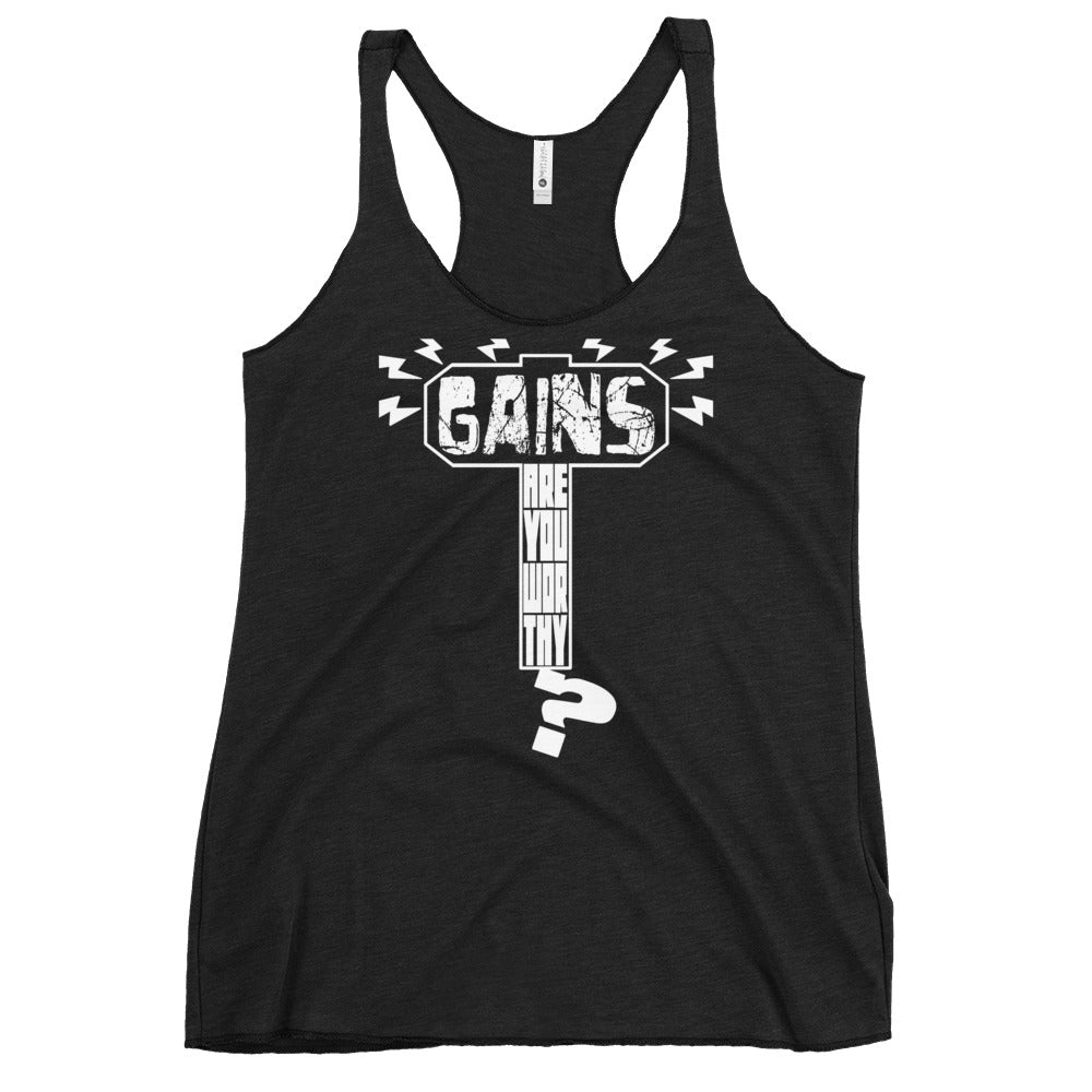 Thor inspired fitness themed black tank top which reads: "Gains: Are You Worthy?" inside the silhouette of Mjolnir.