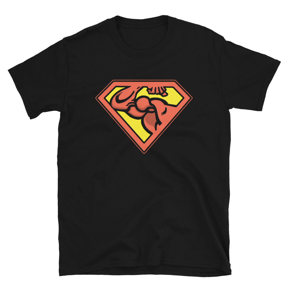 Black t-shirt with muscular superhero emblem depicting a flexing bicep