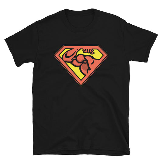 Black t-shirt with muscular superhero emblem depicting a flexing bicep