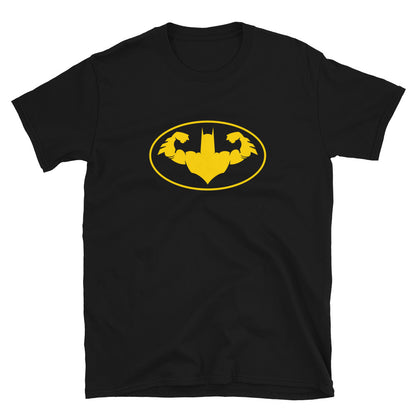T-shirt de gym noir « All Star Pump Crusader » : une silhouette jaune en double biceps de face dans un ovale jaune.