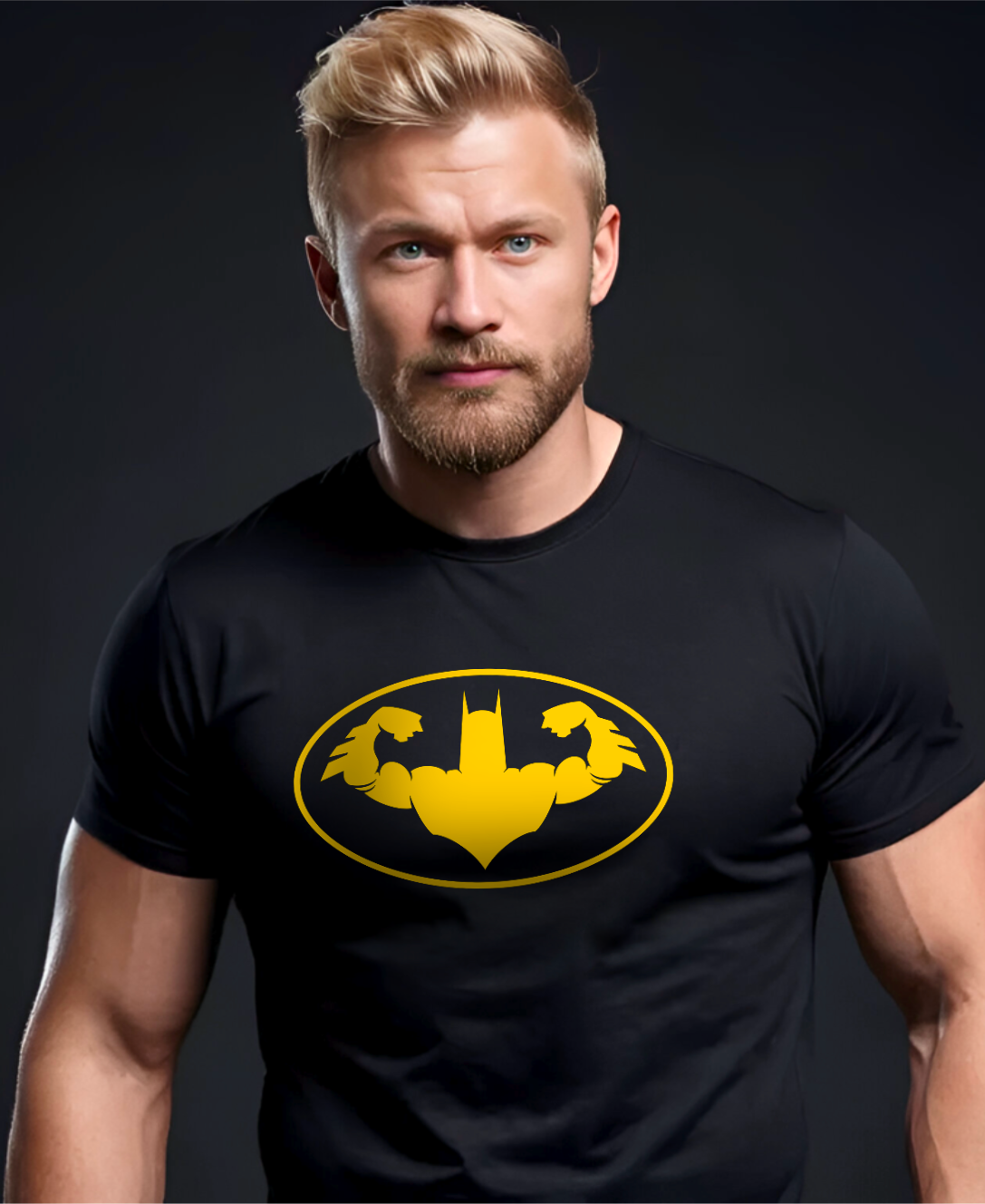 Muscular man wearing Batman inspired fitness themed black t-shirt showing the yellow silhouette of the hero doing a front double bicep pose inside a yellow outlined oval. 