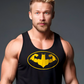 Muscular man wearing Batman inspired fitness themed black tank top showing a yellow silhouette of the hero doing a front double bicep pose inside a yellow outlined oval. 