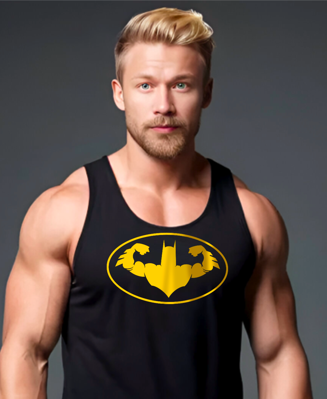 Muscular man wearing Batman inspired fitness themed black tank top showing a yellow silhouette of the hero doing a front double bicep pose inside a yellow outlined oval. 