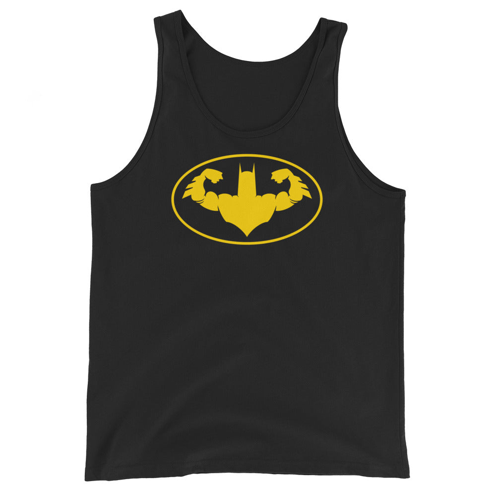 Batman inspired fitness themed black tank top showing a yellow silhouette of the hero doing a front double bicep pose inside a yellow outlined oval. 