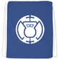 Front view of the Blue Kettlebell  blue string bag by Pumpous Apparel, showing a design in white inspired by DC Comics' Blue Lantern Corps logo featuring a kettlebell at the center.
