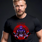 Man wearing a black t-shirt with 'Evil Arms Gym' graphic design on a dark background