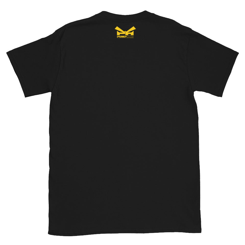 Back of a black t-shirt with the Pumpous Apparel logo in yellow under the neckline.