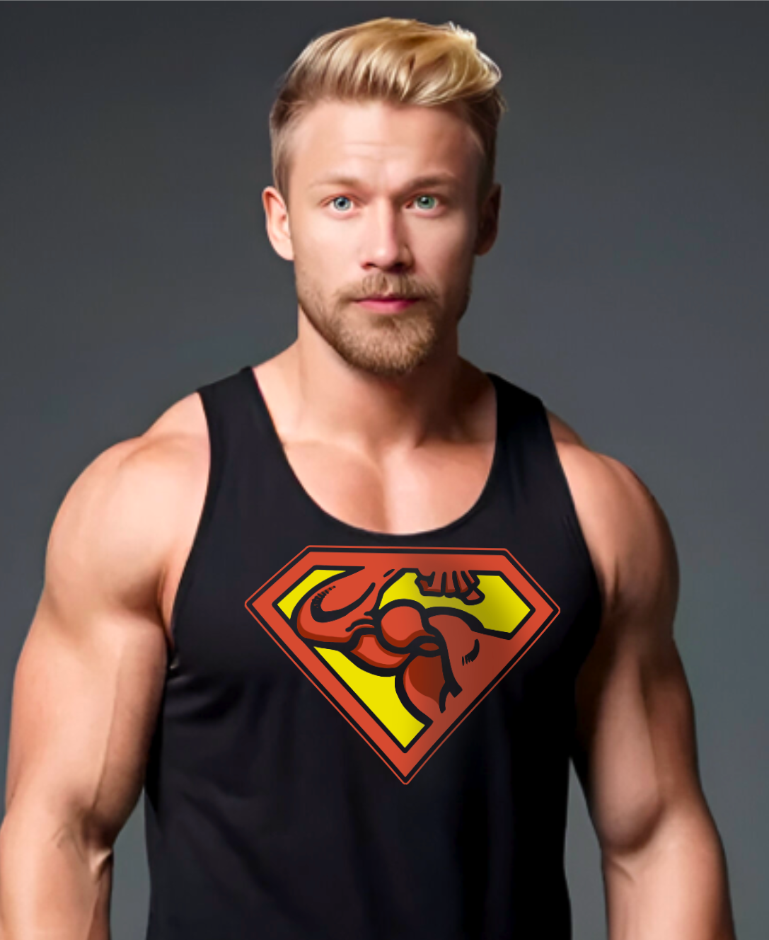 Guns of Steel Pump of Tomorrow tank top — front view on male model